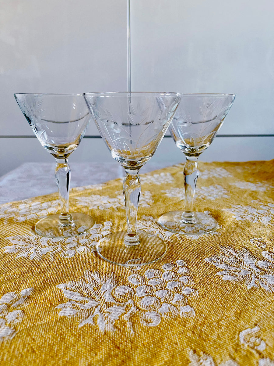 Vintage Etched Martini Glasses, Set of 6, Vintage Wheat Etched