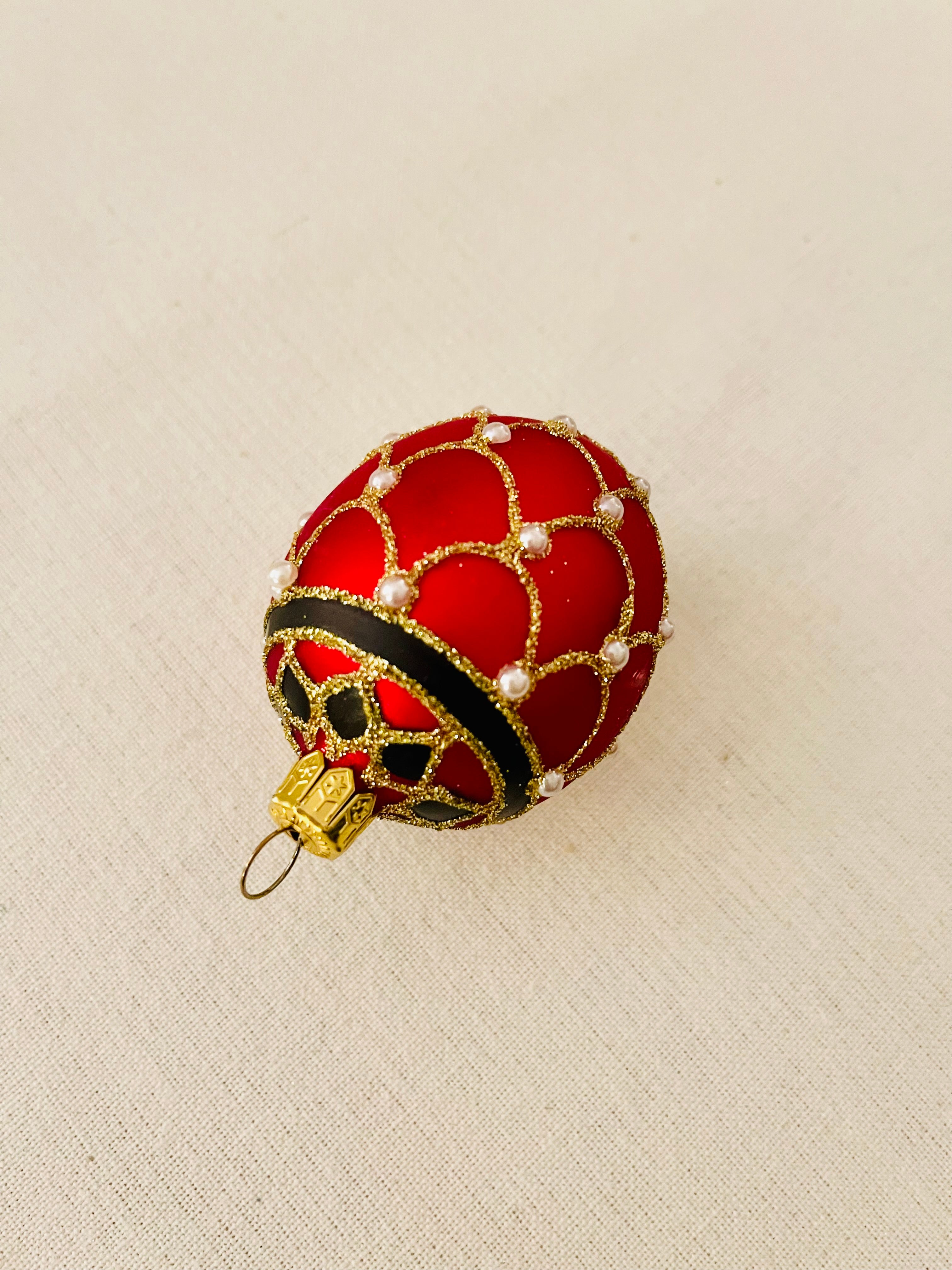 Hand-blown Polish Ornament | Red Beaded Easter Egg