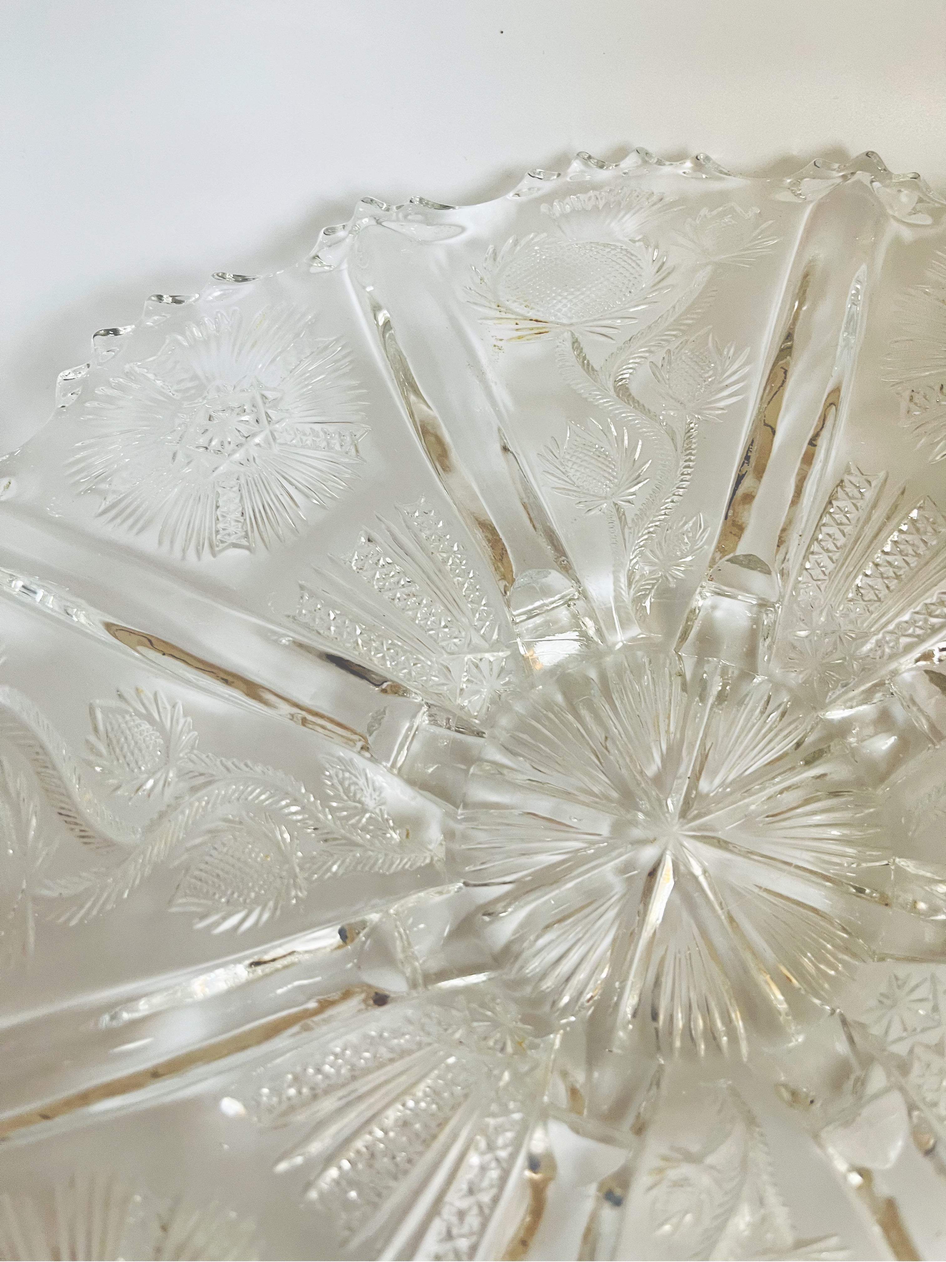 American Thistle Floral Etched Glass Dish