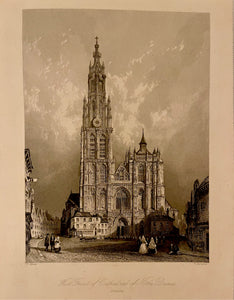 Antique Engraving | West Facade Notre Dame Cathedral | Antwerp, Belgium