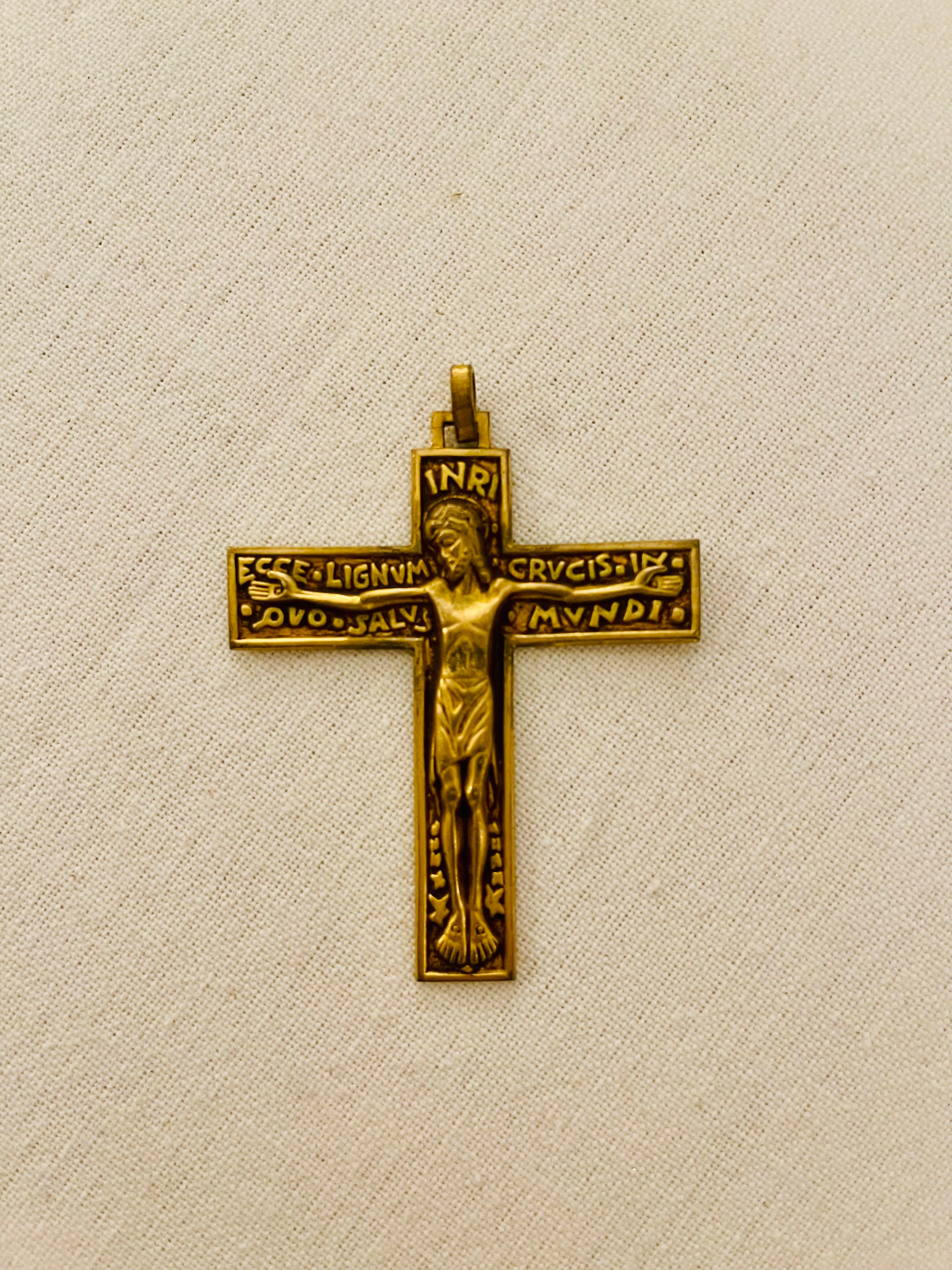 French Romanesque Brass Antique Devotional Cross