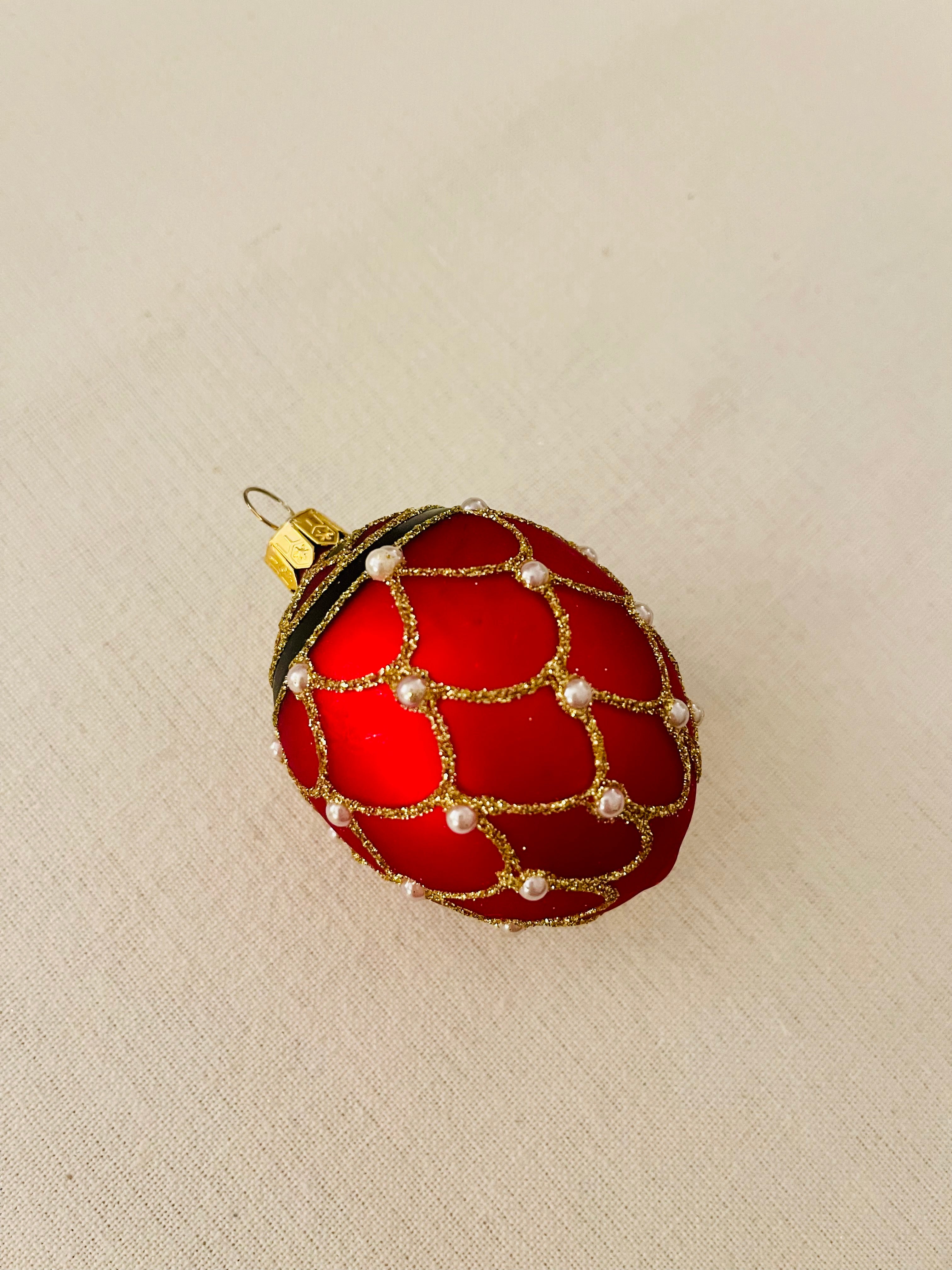 Hand-blown Polish Ornament | Red Beaded Easter Egg